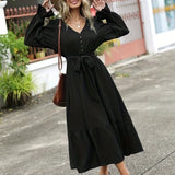 kkboxly  Ruched Ruffle Trim Dress, Casual V Neck Long Sleeve Dress, Women's Clothing