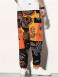 kkboxly  Cotton & Linen Blend Men's Drawstring Harem Pants Beach Pant Bohemian Pattern Casual Baggy Pants Streetwear Hiphop Rapper Style