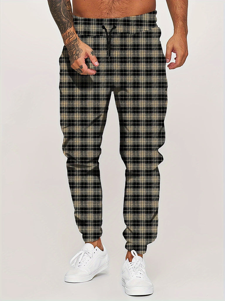 kkboxly  Men's Retro Plaid Joggers, Men's Casual Stretch Waist Drawstring Thin Sports Pants Sweatpants For Spring Summer