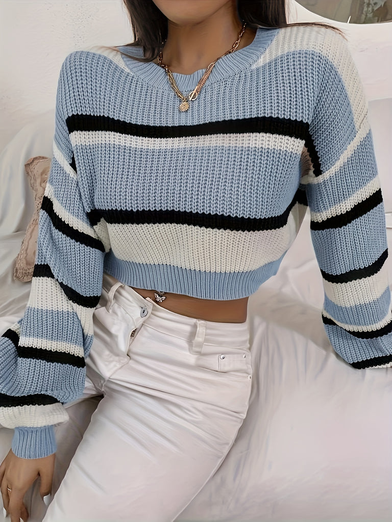 kkboxly  Color Block Striped Knit Sweater, Casual Crew Neck Long Sleeve Sweater, Women's Clothing