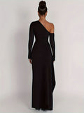 kkboxly  Split Thigh Solid Dress, Elegant Slanted Shoulder Long Sleeve Maxi Dress, Women's Clothing