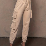 kkboxly  Drawstring Baggy Cargo Pants, Casual High Waist Flap Pockets Pants, Women's Clothing