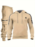 kkboxly Men's Casual 2pcs Set, High Stretch Sports Hoodie & Multi Pocket Joggers Matching Set For Gym Workout Training