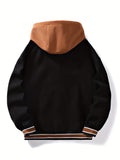 kkboxly  Men's Casual Hooded Varsity Jacket, Street Style Letter Print Jacket For School