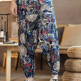 kkboxly  Ethnic Pattern Vintage Cotton Harem Pants, Men's Casual Drop Crotch Jogging Harem Pants For Spring Summer