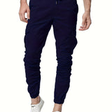 Solid Color, Men's Drawstring Cargo Pants, Flap Pocket Trendy Jogger Pants, Mens Work Pants