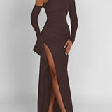 kkboxly  Solid One-shoulder Split Hem Dress, Elegant Long Sleeve Ruffle Trim Slim Dress For Party & Banquet, Women's Clothing