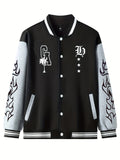kkboxly  Warm Letter Print Star Pattern Embroidery Varsity Jacket, Men's Casual Color Block Button Up Jacket For Spring Fall School Baseball