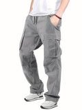 kkboxly  Men's Drawstring Multi-Pocket Heavyweight 100% Cotton Cargo Pants, Casual Pants, Straight Leg Pants, Men's Everyday, Outdoor Bottoms, Tactical Trousers
