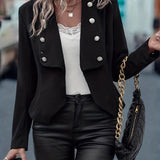 Solid Open Front Crop Blazer, Elegant Button Decor Lapel Blazer, Women's Clothing