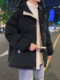 kkboxly  Men's Stylish Solid Puffer Coat With Pockets, Casual Breathable Zip Up Long Sleeve Warm Hooded Top For City Walk Street Hanging Winter Outdoor Activities