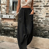 2025 kkboxly  Boho Solid Elastic Waist Harem Pants, Casual Long Length Baggy Pants With Pockets For Spring & Summer, Women's Clothing