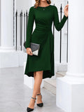 kkboxly  Ruched Solid Midi Dress, Elegant Crew Neck Long Sleeve Dress, Women's Clothing