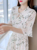kkboxly  Plants Print Bow Tie Dress, Elegant Short Sleeve Pleated Dress, Women's Clothing