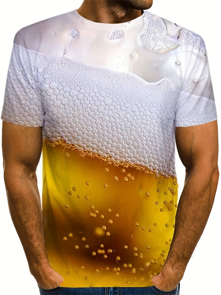 kkboxly  Beer 3D Digital Pattern Print Graphic Men's T-shirts, Causal Tees, Short Sleeves Comfortable Pullover Tops, Men's Summer Clothing