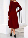 kkboxly  Ruched Solid Midi Dress, Elegant Crew Neck Long Sleeve Dress, Women's Clothing