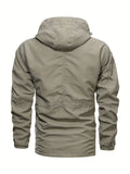 kkboxly  Casual Multi-pocket Light Weight Drawstring Waist Zip Up Hooded Jacket Coat, Men's Cotton Jacket For Fall Outdoor