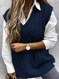 kkboxly  Cable V-Neck Sweater Vests, Casual Loose Sleeveless Fall Winter Knit Sweater Vest, Women's Clothing