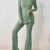 kkboxly  Solid Textured Two-piece Set, Long Sleeve Slit Long Length Top & Skinny Pants Outfits, Women's Clothing