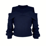 Elegant Cold Shoulder Solid Knit Sweater, Casual Crew Neck Long Sleeve Sweater, Women's Clothing