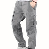 kkboxly  Men's Drawstring Multi-Pocket Heavyweight 100% Cotton Cargo Pants, Casual Pants, Straight Leg Pants, Men's Everyday, Outdoor Bottoms, Tactical Trousers