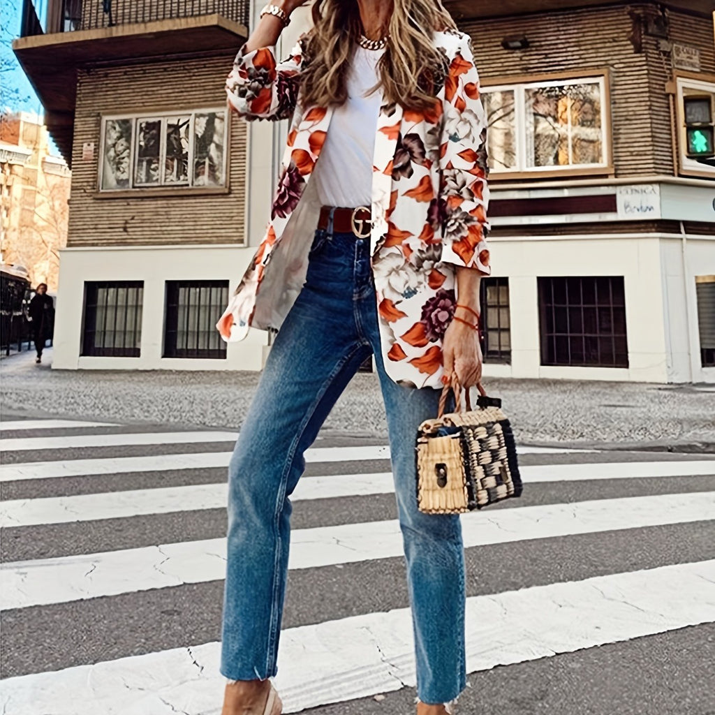 kkboxly  Floral Print Open Front Lapel Collar Blazer, Casual Long Sleeve Blazer For Work, Women's Clothing