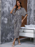 All Over Print Cinched Waist Dress, Casual Collared Half Sleeve Midi Dress, Women's Clothing