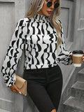kkboxlyAll Over Print Blouse, Elegant Long Sleeve Mock Neck Blouse, Women's Clothing