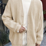kkboxly  All Match Knitted Solid Color V Neck Cardigan, Men's Casual Warm Slightly Stretch Button Up Coat For Fall Winter