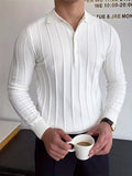 kkboxly  Knitted Chic Slim Shirt, Men's Casual Lapel Slightly Stretch V-Neck Pullover Sweater For Men Winter Fall