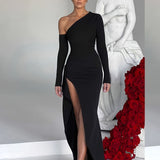 kkboxly  Split Thigh Solid Dress, Elegant Slanted Shoulder Long Sleeve Maxi Dress, Women's Clothing