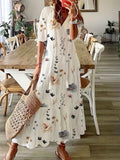 Kkboxly  Ikat Print Drawstring Dress, Boho Ruffle Trim V Neck Half Sleeve Summer Dress, Women's Clothing