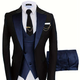 kkboxly  Formal 3 Pieces Set, Men's One Button Suit Jacket & Vest & Pants Suit Set For Business Dinner Wedding Party