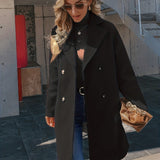Solid Double Breasted Coat, Casual Lapel Long Sleeve Versatile Overcoat, Women's Clothing