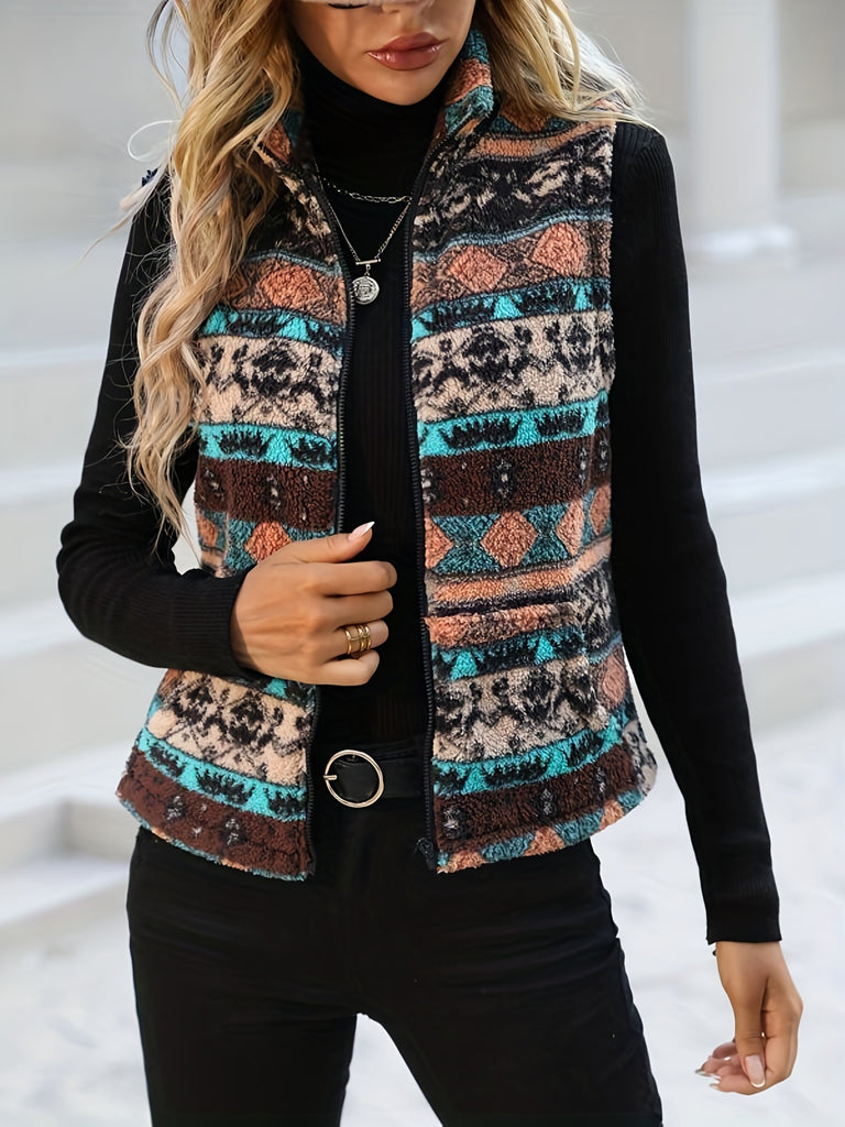 Allover Print Zip Up Vest Jacket, Casual Sleeveless Plush Jacket For Spring & Fall, Women's Clothing