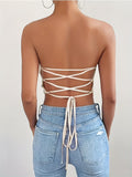 kkboxly  Solid Textured Hanky Hem Tube Top, Versatile Cross Tie Back Tube Summer Top, Women's Clothing