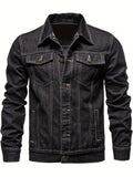kkboxly  Men's Chic Washed Denim Jacket, Casual Street Style Button Up Contrast Stitching Jacket For Fall Winter