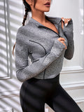 kkboxly  Zipper Collar  Mock Neck Casual Sports Cropped Sweatshirt With Thumb Hole, Solid Color Long Sleeve Active Sweatshirt, Women's Tops