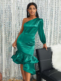kkboxly  Off Shoulder Lantern Sleeve Ruffle Hem Bodycon Dress, Elegant Bridesmaid Party Guest Dresses For Banquet, Women's Clothing