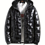 kkboxly  Men's Casual Warm Padded Jacket, Zip Up Hooded Warm Thick Glossy Coat For Fall Winter