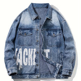 kkboxly  Letter Print Loose Fit Distressed Denim Jacket, Men's Casual Lapel Vintage Style Multi Pocket Denim Jacket Coat For Spring Fall