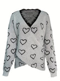 kkboxly  Heart Pattern Lace V Neck Pullover Sweater, Elegant Cross Front Long Sleeve Sweater For Fall & Winter, Women's Clothing