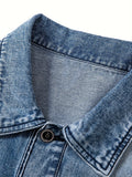 kkboxly  Letter Print Loose Fit Distressed Denim Jacket, Men's Casual Lapel Vintage Style Multi Pocket Denim Jacket Coat For Spring Fall