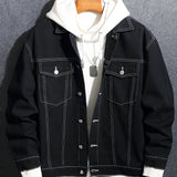 kkboxly  Chic Denim Jacket, Men's Casual Street Style Lapel Contrast Stitching Jacket Coat For Spring Fall