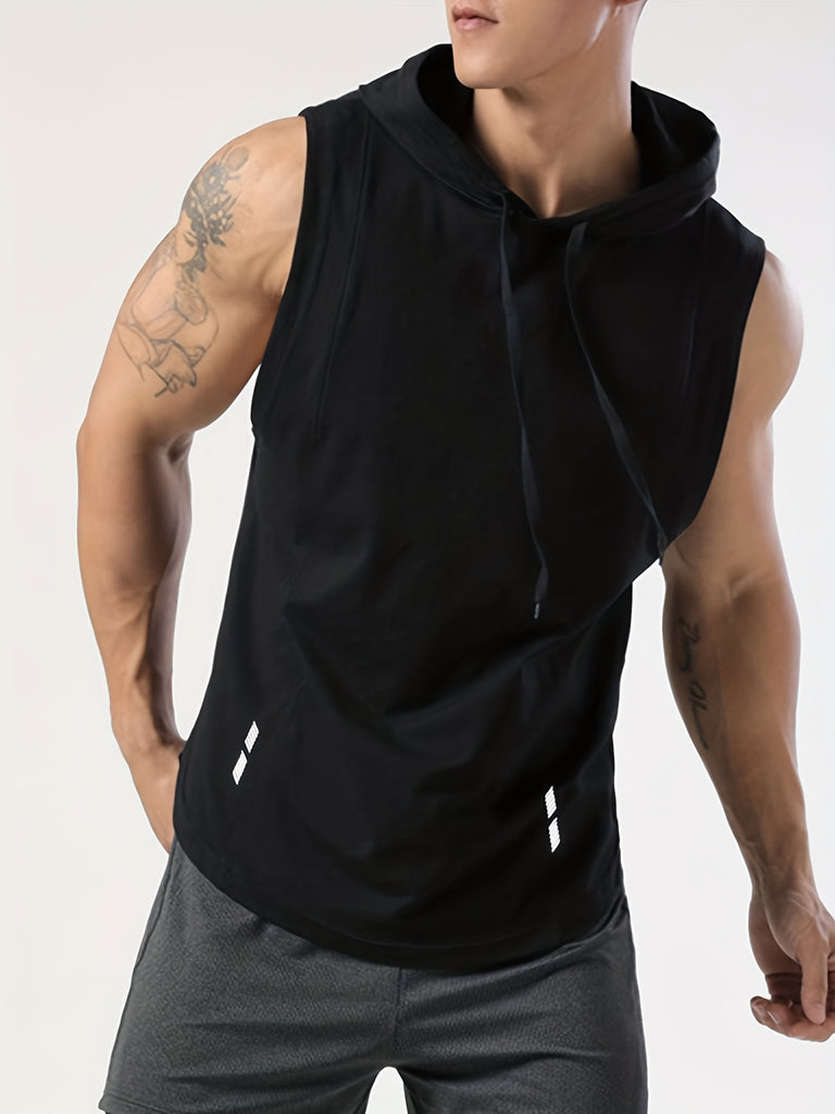 kkboxly  Men's Sleeveless Drawstring Hooded Vest With Reflective Patterns  Activewear Tank Top For Gym Workout