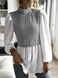 kkboxly  Twist Textured Knit Paneled Turtleneck Blouse, Casual Long Sleeve Blouse For Spring & Fall, Women's Clothing