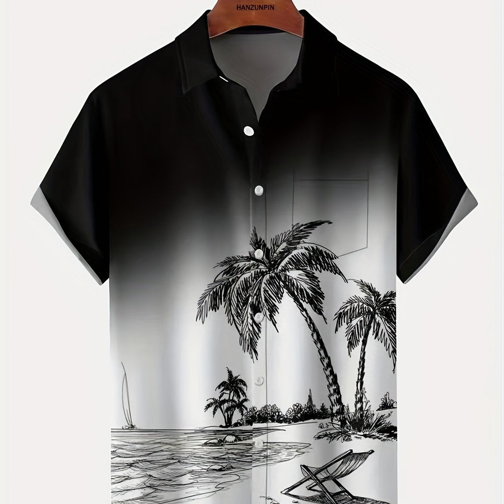 kkboxly  Hawaiian Style Men's Gradient Coconut Tree Print Shirt - Oversized Short Sleeve Summer Shirt for Males and Plus Sizes