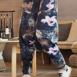 kkboxly  Ethnic Pattern Vintage Cotton Harem Pants, Men's Casual Drop Crotch Jogging Harem Pants For Spring Summer