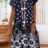 Kkboxly   Retro Print Loose Long Dress, Short Sleeve V-neck Waist Summer Dresses, Women's Clothing