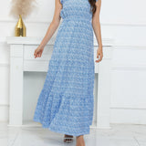 2025 kkboxly  Ditsy Floral Print Dress, Vacation Boho V Neck Ruffle Trim Short Sleeve High Waist Maxi Dress, Women's Clothing